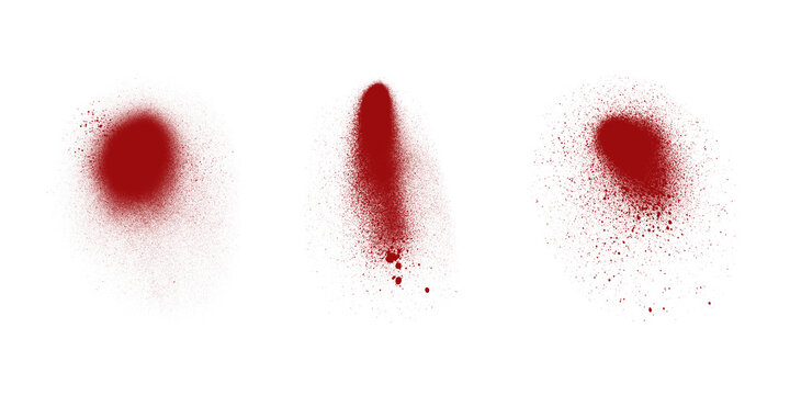 Red aerosol spray paint dots and vertical line set on transparent background for graffiti and urban design artistic textured paint blobs.