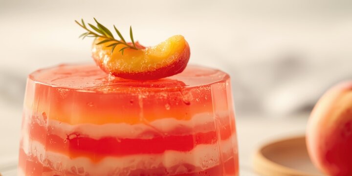 Sweet Torta Helada dessert featuring jelly layers and ripe peach sprig