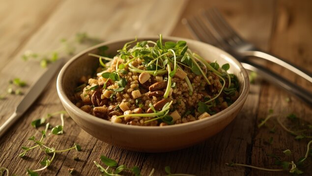 Wholesome vegan winter salad combining quinoa, nuts, and fresh microgreens