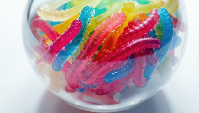 Jelly worms in vivid colors collected in a glass container over white background