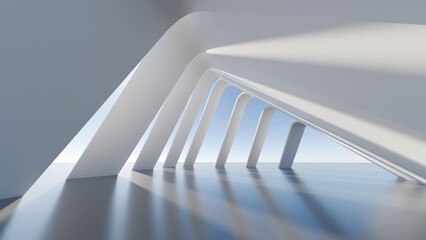 Obraz premium Abstract white 3D architectural geometric corridor structure with blue sky. Modern minimalist pavilion corridor for futuristic business, tech, and interior design