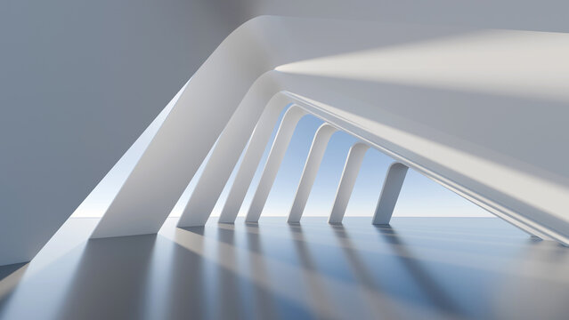 Abstract white 3D architectural geometric corridor structure with blue sky. Modern minimalist pavilion corridor for futuristic business, tech, and interior design