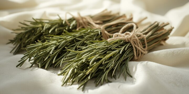 Rosemary herb bundles secured with beige string on a smooth backdrop