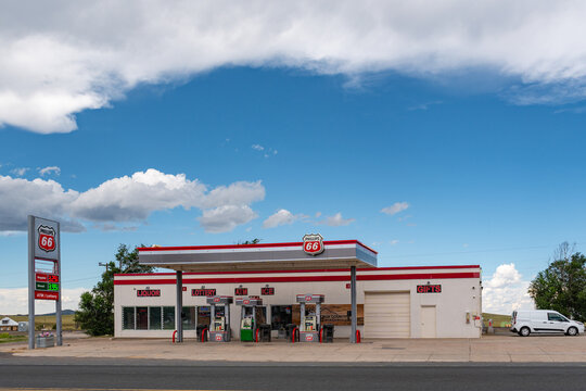 Des Moines, NM, US-September 9, 2025: Phillips 66 gas station in rural area under blue sky.