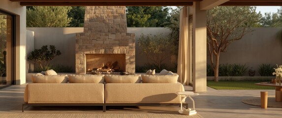Obraz premium Stylish outdoor sitting area with a spacious stone fireplace and beige lounge sofa
