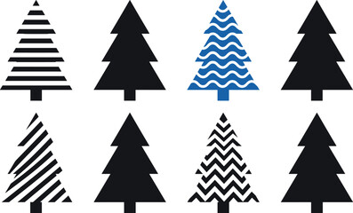 Obraz premium Minimalist Christmas Tree Silhouette Icon Set with Modern Geometric Patterns Stripes Waves and Zigzags for Winter Holiday Decorative Graphic Designs