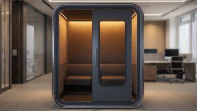 Soundproof phone booth with warm glow and privacy features for stylish office settings