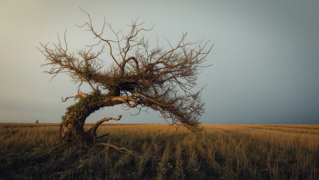 Ivy draped dead tree leaning left shaped by prevailing wind in field