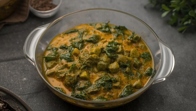 Organic Sarson Saag Curry with Bathua and Spinach Served in Transparent Serving Dish