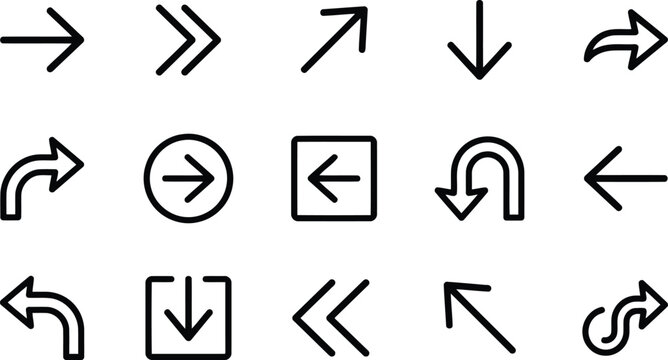 Set of hand drawn directional arrows and navigation symbols in black line art style