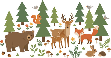 Fototapeta premium Cute Woodland Forest Animal Vector Clipart Illustration with Bear, Deer, Fawn, Fox, Squirrel, Rabbit, Hedgehog, and Pine Trees for Kids Nursery Designs