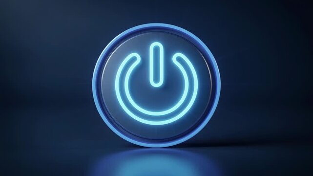 Glowing blue power button symbol on dark background with modern technology and energy concept