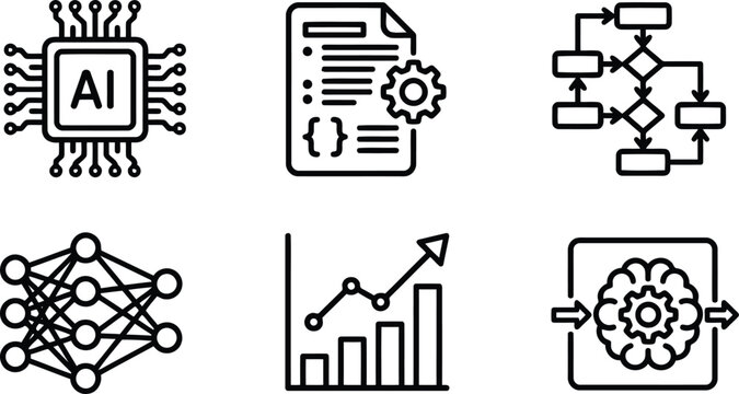 Artificial intelligence and data science technology icon set with algorithm, processing