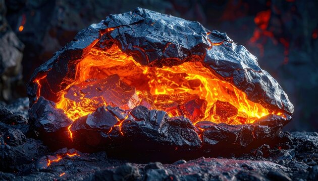 Glowing Lava Rock in Dark Environment.