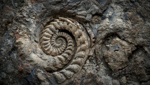 Macro shot revealing complex spiral ornamentation of a fossil from ancient ocean life on rock surface