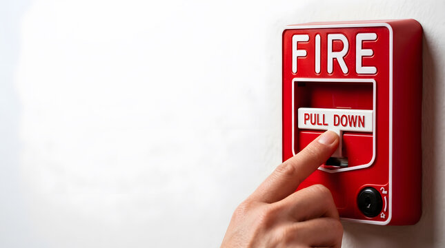 Hand pulling red fire alarm lever on white wall | Emergency fire alarm pull station activation | Manual fire alarm trigger for building safety | Safety procedures for fire emergency