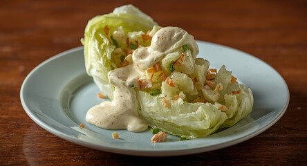 Naklejka premium Plated presentation of fresh iceberg lettuce wedge salad with creamy dressing