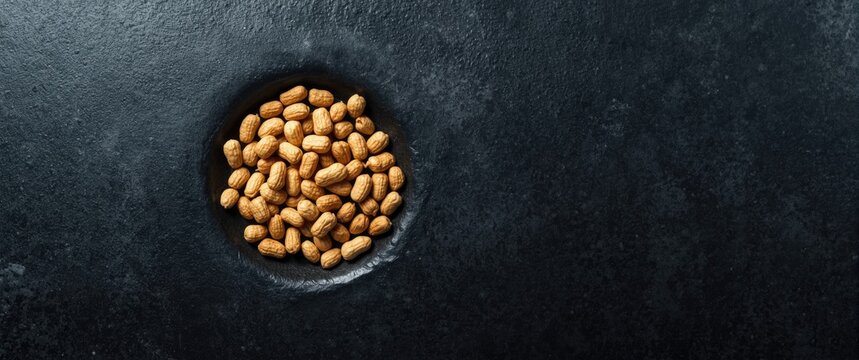 Top perspective of salted peanuts arranged on black stone background featuring round hole copy space