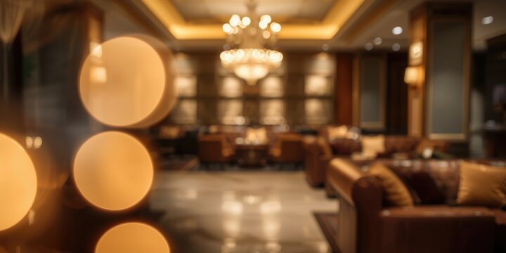 Soft glowing bokeh lights in an upscale hotel lounge interior blurred background suitable for design
