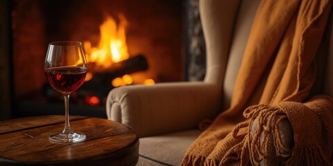Obraz premium Inviting fireplace backdrop with red wine glass and cozy wool scarf composition