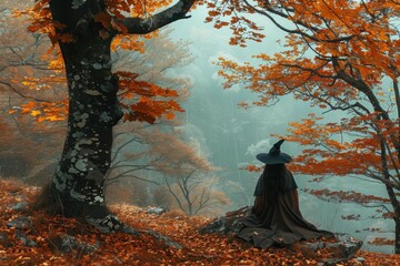 Obraz premium Witch wearing pointed hat and cloak sitting in autumnal forest looking at misty valley