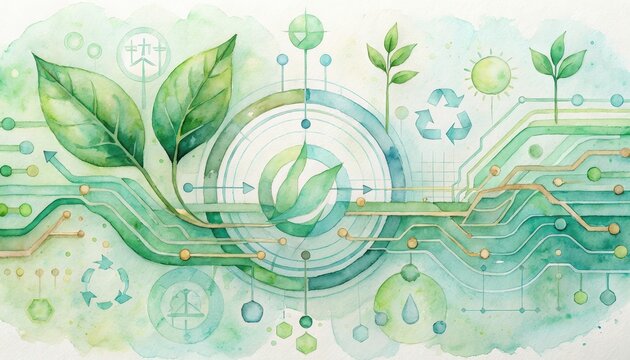 BCG innovation eco-friendly watercolor concept. Eco-friendly technology concept with leaves and circuit board design.
