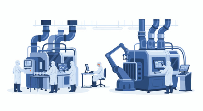 Advanced manufacturing facility with robotic arm and engineers in sterile environment, vector illustration of modern industrial production