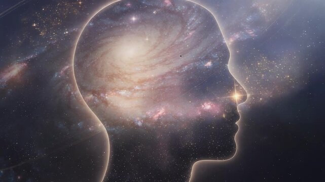 Creative cosmic human profile with galaxy and stars representing mind space and universe connection