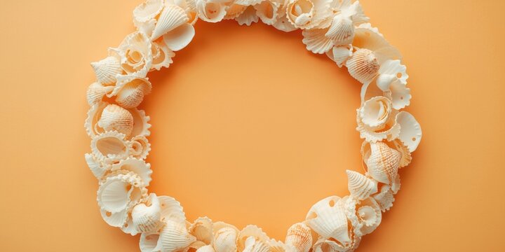 Orange backdrop with seashell frame evoking vibrant coastal summer themes