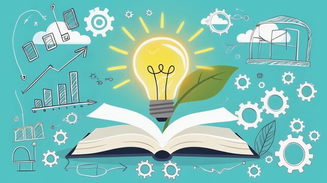 Creative education concept with open book light bulb growth charts and gears on blue background