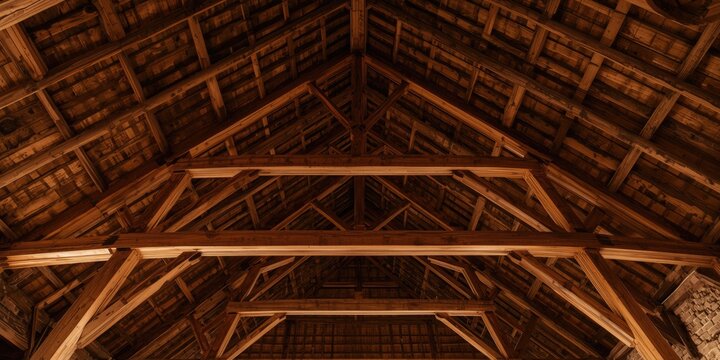Structural timber roof interior emphasizing detailed beam work and design concept