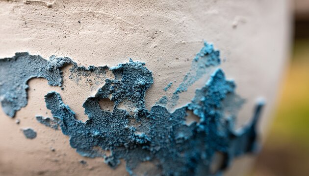 Macro close up of cracked blue paint flaking off a textured cream surface with weathered, abstract