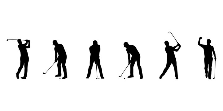 Professional golfer silhouette set with golf bag trolley putting stances and dynamic swing poses for country club and sports tournament vector, pro