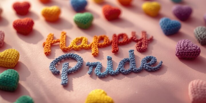 Pride-themed crochet hearts in rainbow colors and Happy Pride script on pink surface for equality movement postcards