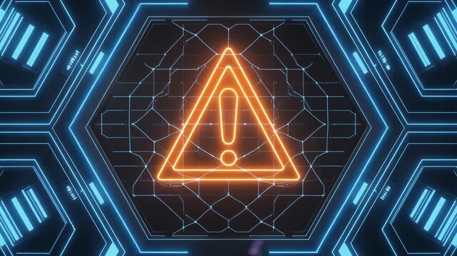 Glowing futuristic warning sign with digital hexagonal grid and neon blue circuitry background