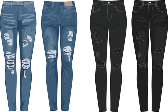 skinny jeans, ripped, distressed, denim, fashion, garment, clothing, pants, black, blue, style, texture, patch, waistband, casual, trendy, illustration, design, template, cad drawing flat vector