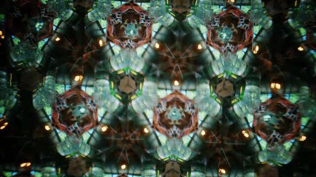 Abstract kaleidoscope visual formed by mirrored organic textures resembling shells or dried botanical elements, creating symmetrical geometric patterns