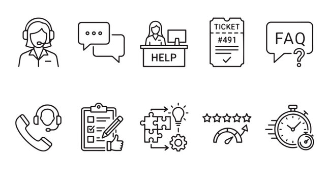 Customer service and tech support line icon set in outline style