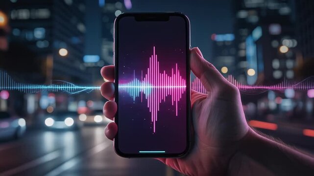 Smartphone displaying colorful audio sound waves with city lights blurred in background at night