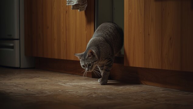 Shorthair cat leisurely exploring kitchen with wooden cabinets