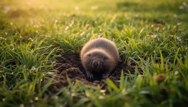 Summer day scene with pet mole digging holes in green grass lawn