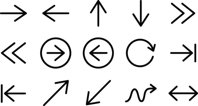Fifteen black arrow icons for user interface design and navigational website elements