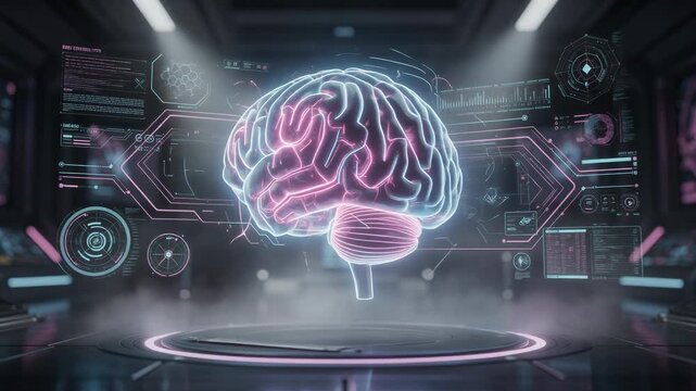 Futuristic neon brain hologram with digital medical interface and scientific data visualization in dark lab