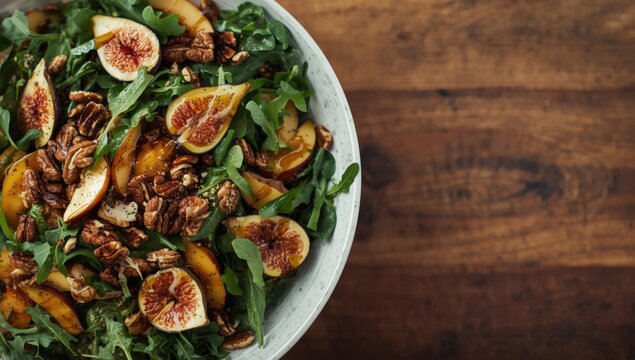 Rustic vegan paleo salad packed with figs arugula juicy peaches apples toasted nuts and honey