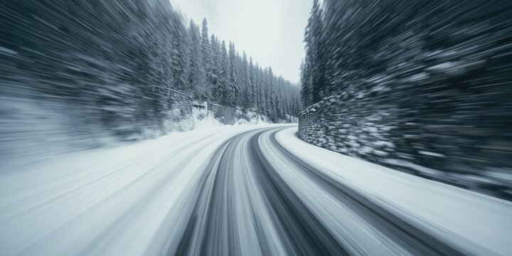 Motion blur captures the quick movement and sharp turn danger on an icy snowy road