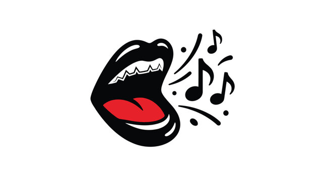 A stylized vector illustration of open singing lips with musical notes in black and red