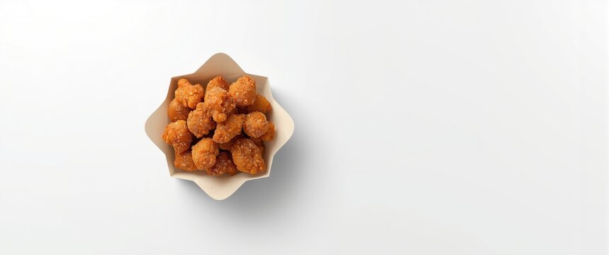 Seasoned crispy chicken popcorn bites in a paper box against a stark white background
