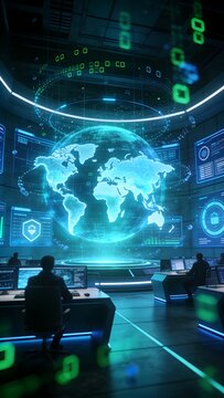 Generative AI visualizes a futuristic digital global network command center