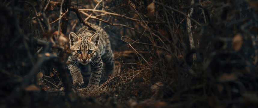 Young wild cat stalking quietly through dark underbrush