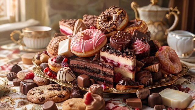 A lavish still life of cakes and donuts spilling onto a patterned tablecloth in soft morning light.